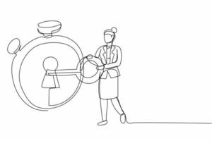 Continuous one line drawing active businesswoman put key into stopwatch. Time management concept. Effective planning for productive work, deadline project. Single line draw design vector illustration