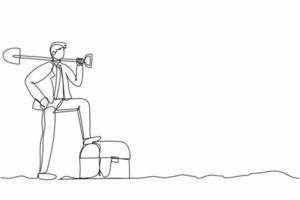 Continuous one line drawing businessman digging ground with shovel and step on treasure chest. Success business, achievement, and discovery concept. Single line draw design vector graphic illustration