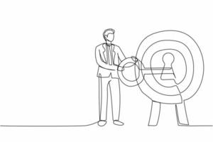 Single continuous line drawing businessman putting big key into bullseye target. Unlock business success. Career or goal achievement. Secret for success in work. One line design vector illustration