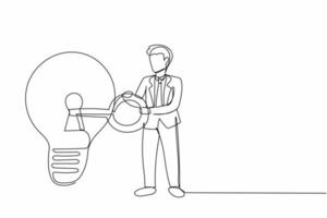 Continuous one line drawing businessman putting big key into light bulb. Unlock new business idea, invent new product or creative thoughts concept. Single line draw design vector graphic illustration