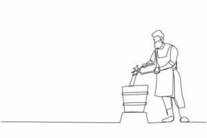 Continuous one line drawing bearded blacksmith master putting hot metal material from furnace in cold water. Steel craft anvil worker. Craftsman in apron. Single line draw design vector illustration