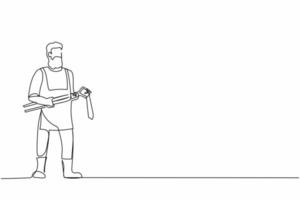 Single one line drawing bearded blacksmith wearing apron standing holding hot blade forged with pliers and tongs. Craftsman making swords and shields. Continuous line draw design vector illustration
