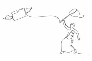 dibujo continuo de una línea una mujer de negocios árabe intenta atrapar una carpeta voladora con una red de mariposas. Falta el archivo de almacenamiento de un documento secreto o importante. ilustración gráfica de vector de diseño de línea única