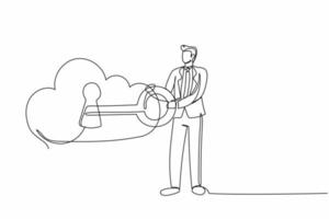 Continuous one line drawing businessman close on key in huge cloud. Cloud password lock security authentication. Online internet technology. Key cloud keyhole. Single line design vector illustration