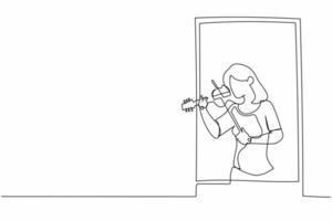 Continuous one line drawing female musician standing near window and playing violin. Young woman staying at home in self quarantine due to pandemic. Single line draw design vector graphic illustration