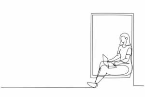 Continuous one line drawing young woman sitting on windowsill and working with laptop. Remote work from home. Online education, studying student. Single line draw design vector graphic illustration