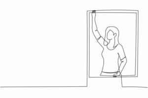 Continuous one line drawing young woman standing near window with waving hand. Loneliness, sadness, quarantine. Mental health problems due to pandemic. Single line design vector graphic illustration