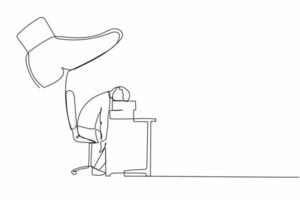 Continuous one line drawing stressed businessman sleeping on pile of papers under big foot stomp. Tired exhausted deadline overloaded office clerk. Single line draw design vector graphic illustration