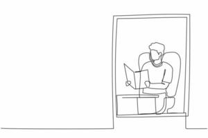 hombre de dibujo de una sola línea continua en silla en casa con literatura. lector empresario. persona leyendo un libro, sentada en un sillón junto a la ventana en la sala de estar. ilustración de vector de diseño gráfico de una línea