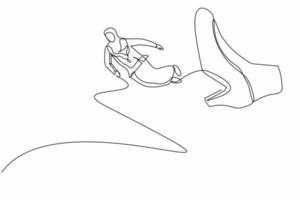 Single continuous line drawing failed Arab businesswoman getting fired, flying through air after being kicked in the back. Minimalism metaphor concept. One line draw graphic design vector illustration