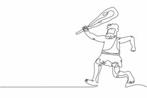 Single continuous line drawing angry caveman run and holding cudgel. Prehistoric man hunter. Ancient man is running and hunting animal with cudgel. Dynamic one line graphic design vector illustration