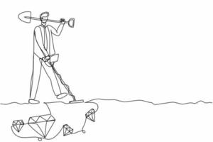 Single one line drawing businessman with shovel and metal detector looking for pile of diamonds. Worker treasure hunter finding precious stone. Continuous line draw design graphic vector illustration