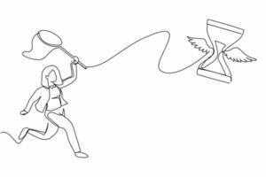 Single one line drawing businesswoman try to catching flying hourglass with butterfly net. Work completion deadline concept. Measure project speed. Continuous line design graphic vector illustration