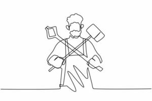 Single continuous line drawing bearded blacksmith standing wearing apron holding sledgehammer and pliers crossed. Worker producing steel craft in workshop. One line graphic design vector illustration