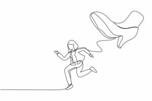 Single one line drawing businesswoman run away from stomping foot. Office worker running from giant unfair business competition. Minimalism metaphor. Continuous line graphic design vector illustration