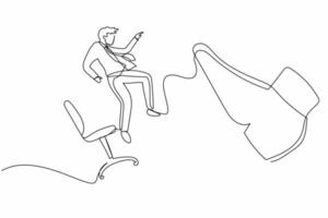 Continuous one line drawing unhappy small businessman kicked out by big foot from chair. Employee kicked out of work. Dismissal of staff. Unemployment. Single line design vector graphic illustration