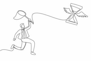 Continuous one line drawing businessman try to catching flying hourglass with butterfly net. Concept of stress, deadlines, depression. Business metaphor. Single line graphic design vector illustration