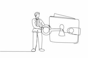 Single one line drawing protective businessman close on key huge wallet. Money wallet with security system. Money protection financial security. Continuous line draw design graphic vector illustration