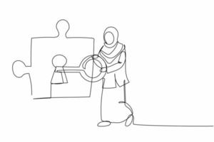 Single one line drawing Arab businesswoman put key into puzzle piece. Partnership or cooperation in business project. Teamwork solving complicated task. Continuous line draw design vector illustration