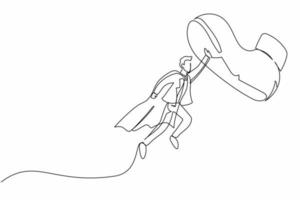 Single continuous line drawing active businessman flying with heroes capes against giant shoes stomping. Office worker fly up against giant foot step. One line draw graphic design vector illustration