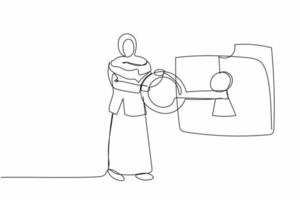 Single continuous line drawing Arabian businesswoman put key into folder. Unlock secret information. Digital folder locked in computer with key. Data security. One line draw design vector illustration