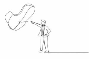 Single one line drawing young businessman facing against giant shoes stomping. Male manager pointing against giant foot step. Minimal metaphor. Continuous line draw design graphic vector illustration