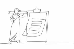 Single continuous line drawing Arab businesswoman with giant pencil on shoulder. Task done business, nearby clipboard complete checklist and check mark ticks. One line draw design vector illustration