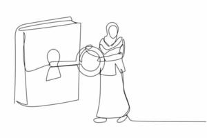 Single one line drawing Arabian businesswoman put key into book. Unlock information for public. Office manager open book. Library. Key of knowledge. Continuous line design graphic vector illustration