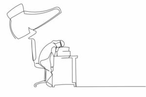 Single one line drawing fatigue Arabian businessman sleeping on pile of papers under big foot stomp. Tired exhausted deadline overloaded worker. Continuous line draw design graphic vector illustration