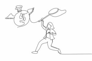 Single continuous line drawing businesswoman try to catching flying money bag with butterfly net. Loss of wealth, lots of money, retirement savings. One line draw graphic design vector illustration