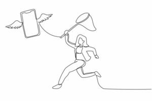 Continuous one line drawing businesswoman try to catch flying smartphone with butterfly net. Missed phone calls interview. Lost job opportunities. Single line draw design vector graphic illustration