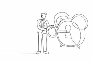 Continuous one line drawing businessman putting big key into alarm clock. Male manager in business suit winds the clock with key. Deadline work concept. Single line design vector graphic illustration