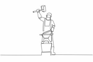 Continuous one line drawing bearded blacksmith forges small sword on the anvil. Young man blacksmith in apron standing working hard with hot iron. Single line draw design vector graphic illustration