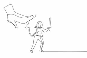 Single one line drawing young businesswoman fight to giant foot with shield and sword. Office worker against boss big shoe stomp. Minimal metaphor. Continuous line design graphic vector illustration