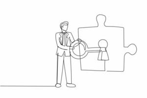 Single continuous line drawing businessman putting big key into puzzle piece. Completing project metaphor. Teamwork solving complicated tasks. Partnership. One line graphic design vector illustration