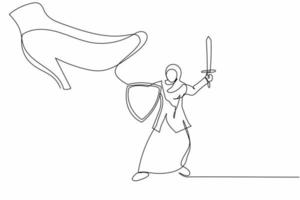 Single one line drawing Arabian businesswoman fight to giant foot with shield and sword. Office worker against boss big shoe stomp. Minimal metaphor. Continuous line design graphic vector illustration