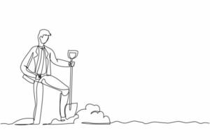 Single continuous line drawing businessman standing and holding shovel on dug ground. Man with excited expression find treasures in dirt. Successful business. One line draw design vector illustration