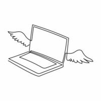 Continuous one line drawing flying laptop with wings. Winged laptop computer flying in sky. Cloud computing or storage system information concept. Single line draw design vector graphic illustration