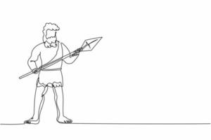 Continuous one line drawing ancient caveman or homosapien hunter standing and holding big stone spear. Prehistoric bearded man dressed in animal pelt. Single line design vector graphic illustration