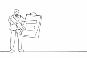 Continuous one line drawing businessman standing and holding clipboard with checklist. Business success completed plan. Goal achievements concept. Single line draw design vector graphic illustration