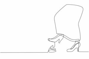 Continuous one line drawing Arab businesswoman feet stepping into a pile of dog poop. Unexpected problems, bad day or karma concept. Shit happens. Single line draw design vector graphic illustration