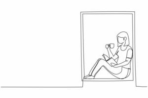 Continuous one line drawing woman on windowsill reading book with cup of hot coffee or tea. Enjoy atmosphere of day in window of room. Stay at home. Single line draw design vector graphic illustration