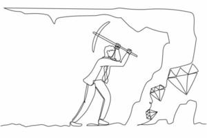 Single one line drawing active businessman digging with pickaxe to get diamond. Worker digging and mining for diamond in an underground tunnel. Continuous line draw design graphic vector illustration