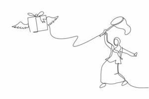 Continuous one line drawing Arab businesswoman try to catching flying gift box with butterfly net. Lost package in delivery services. Business metaphor. Single line design vector graphic illustration