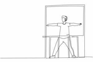 Continuous one line drawing healthy man with headphone practices yoga near window or balcony. Sports activity, workout, exercise, fitness, indoors, stay at home. Single line design vector illustration