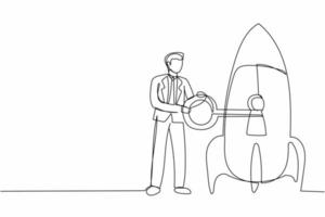 Single continuous line drawing businessman putting big key into rocket. Unlock your startup, new business development, web concept. Restart business project. One line draw design vector illustration