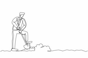 Single one line drawing positive businessman digging in dirt using shovel. Male manager in suit dig ground with spade. Hard working process. Continuous line draw design graphic vector illustration