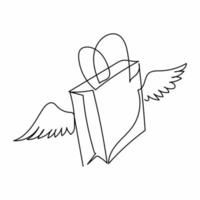 Continuous one line drawing flying shopping paper bag with wings. Delivery logo symbol, cargo shipping dropship. Online shop store service mascot. Single line draw design vector graphic illustration