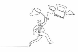 Single continuous line drawing businessman try to catching flying book with butterfly net. Higher education to pursuit career growth. Worker study literature. One line draw design vector illustration