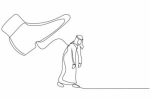 Single one line drawing sad Arabian businessman going away with huge boot shoe kicking him out. Male manager being fired and kicked out concept. Continuous line draw design graphic vector illustration